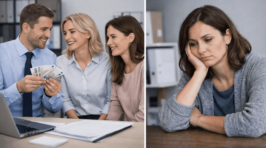 Das Bild zeigt links mehrere Kollegen in einem Büro, die sich über eine Lohnerhöhung freuen, während rechts eine Arbeitnehmerin nachdenklich und ausgeschlossen wirkt. Die Gegenüberstellung verdeutlicht die ungleiche Behandlung von Beschäftigten bei freiwilligen Gehaltserhöhungen.