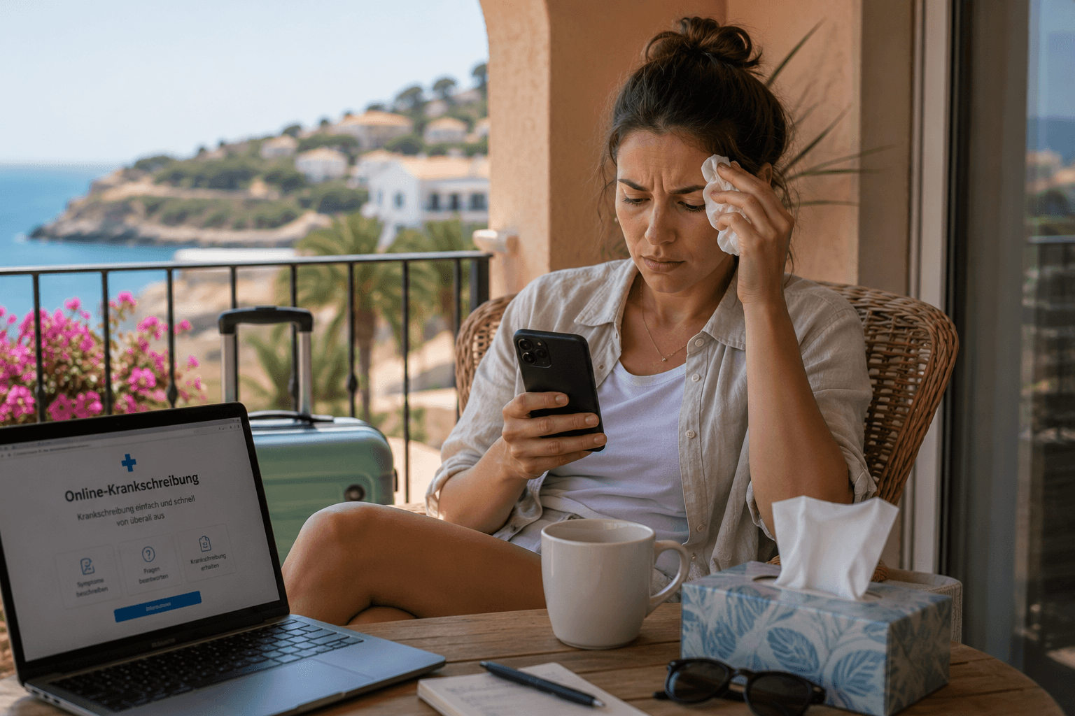 Eine Frau sitzt sichtbar angeschlagen auf dem Balkon ihrer Ferienunterkunft und blickt besorgt auf ihr Smartphone. Neben ihr stehen ein Laptop, Reisegepäck und Taschentücher, was den Eindruck vermittelt, dass sie sich während ihres Urlaubs mit einer Krankschreibung beschäftigt.