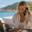 Eine blonde Frau sitzt während ihres Urlaubs an einem Strandcafé und telefoniert besorgt, während sie ein Schreiben in der Hand hält. Die Szene verdeutlicht eine verspätete Anhörung des Arbeitnehmers während des Erholungsurlaubs im Zusammenhang mit einer drohenden fristlosen Kündigung.