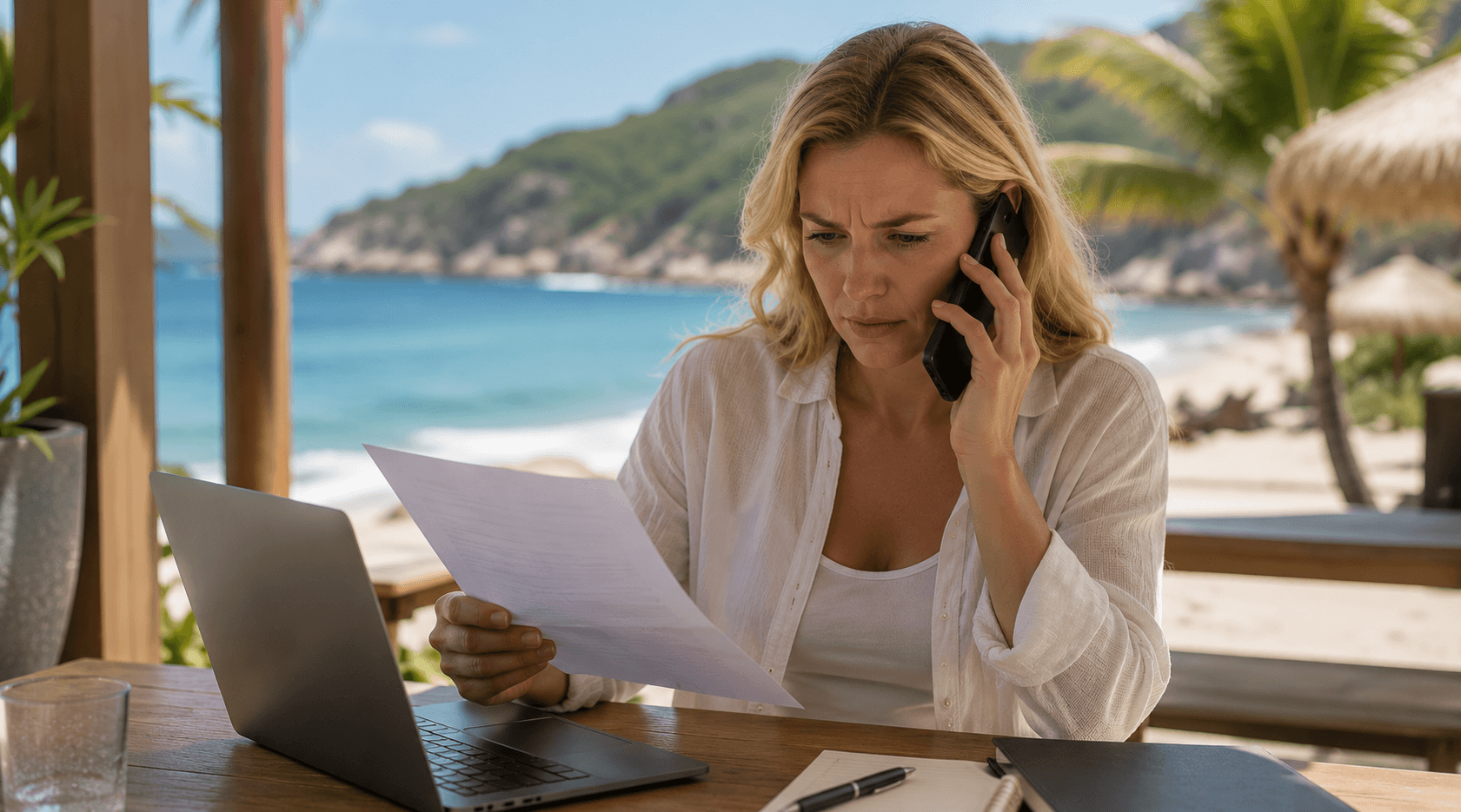 Eine blonde Frau sitzt während ihres Urlaubs an einem Strandcafé und telefoniert besorgt, während sie ein Schreiben in der Hand hält. Die Szene verdeutlicht eine verspätete Anhörung des Arbeitnehmers während des Erholungsurlaubs im Zusammenhang mit einer drohenden fristlosen Kündigung.